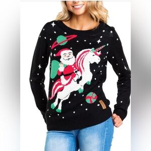 Tipsy Elves Women’s Santa Unicorn Ugly Christmas Sweater Holiday Festive Black M